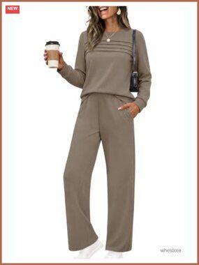2 Piece Lounge Set Long Sleeve Pleated Top Wide Leg Pants Tracksuit